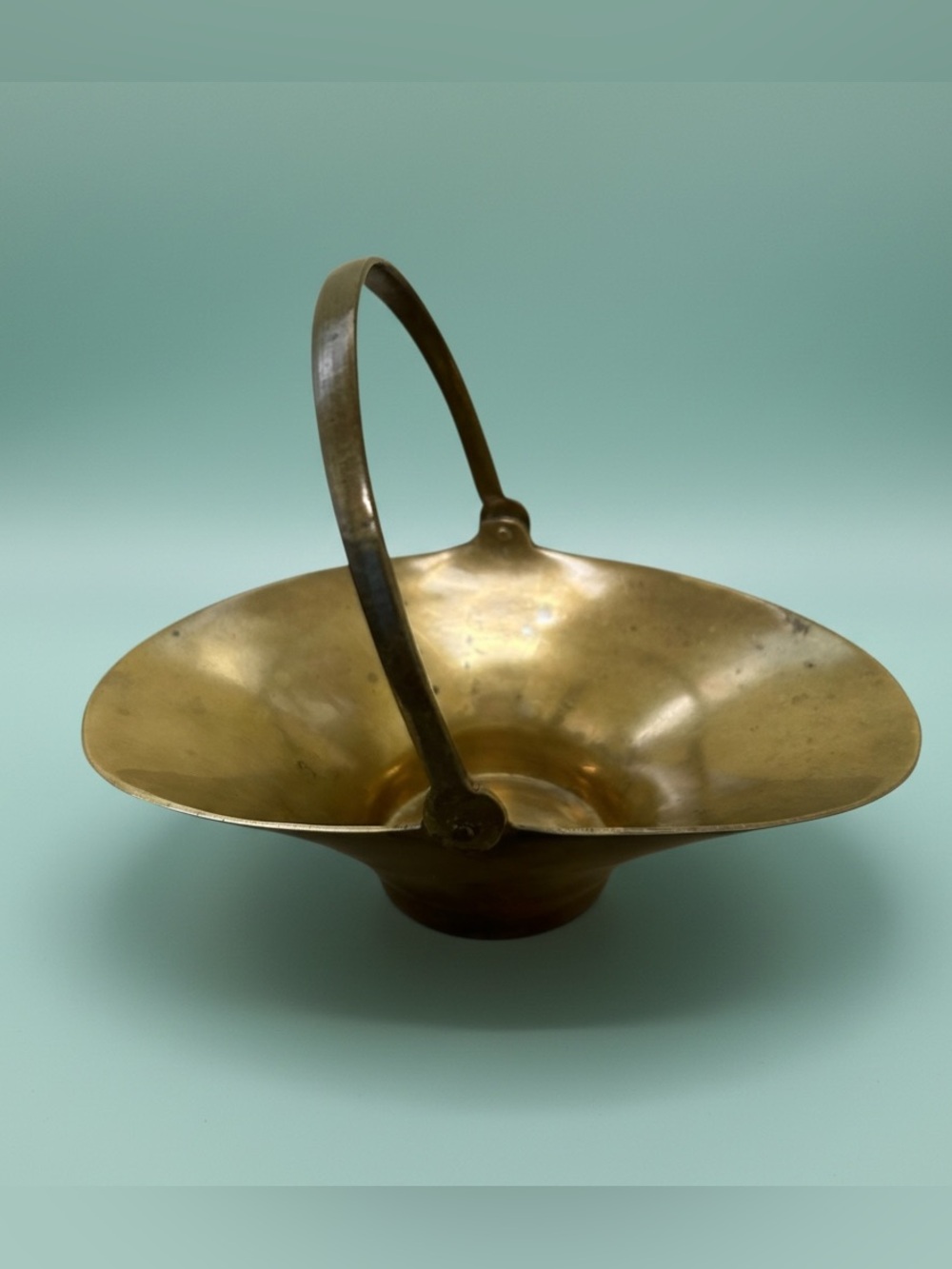 Vintage Solid Brass Handled Basket Candy Dish Natural Patina 6x4